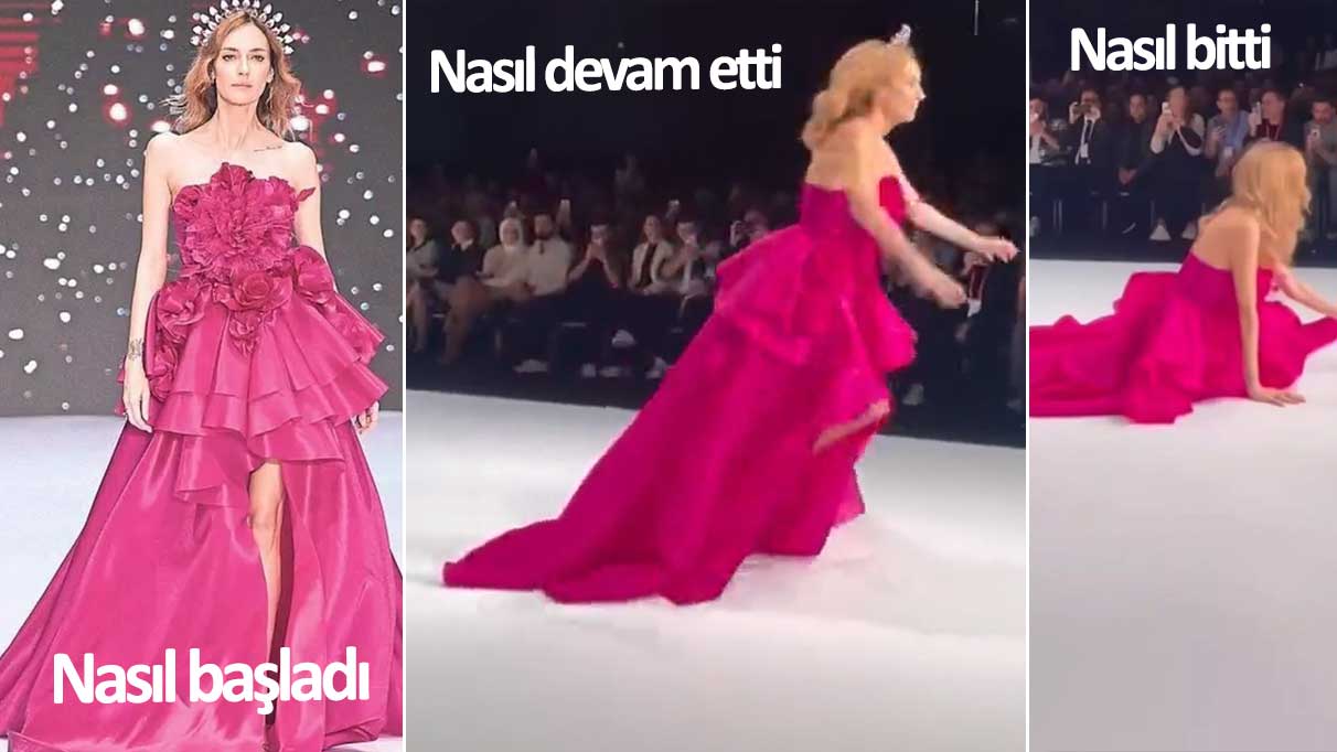 Ünlü model podyumda elbiseyle zor anlar yaşadı ve yere düştü!