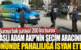 Yaşlı bir adam AKP’nin seçim otobüsünün önünde fiyat artışına isyan etti: Bakın buraya! 200 lira!